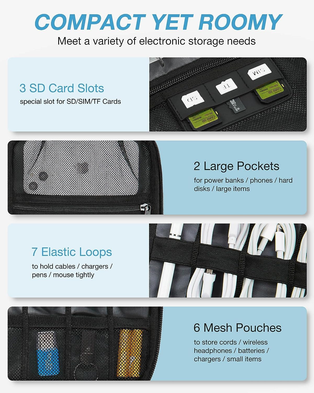 Large Electronics Travel Organizer Case, Tech Accessories Cord Storage Bag for Phone, Power Bank, SD Card, Cables, Black